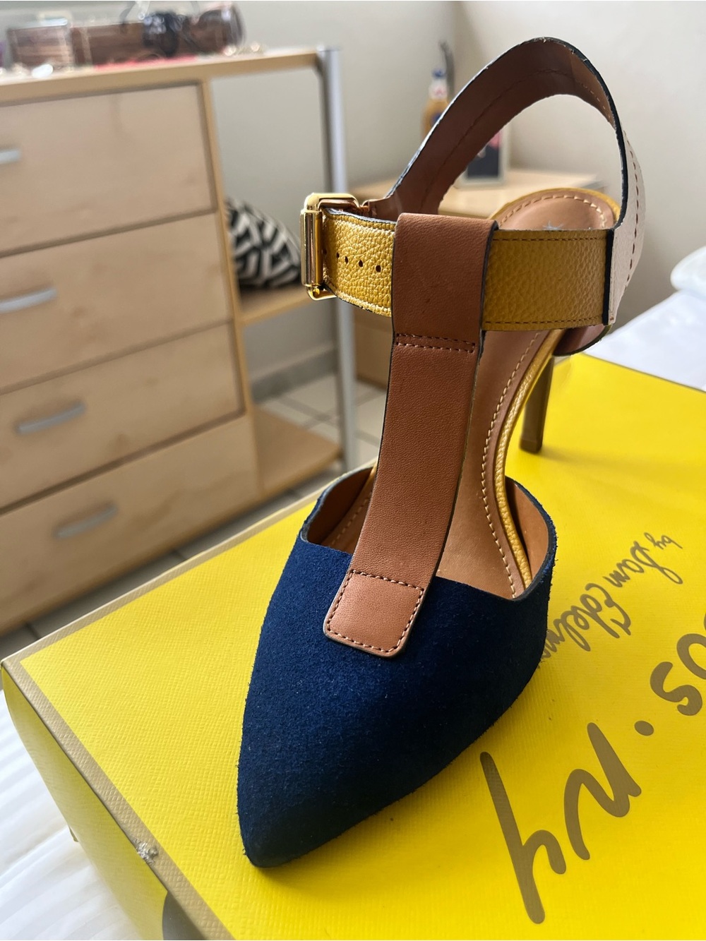 Colorblock Navy, Brown & Yellow T-Strap Pointed Heel Pump